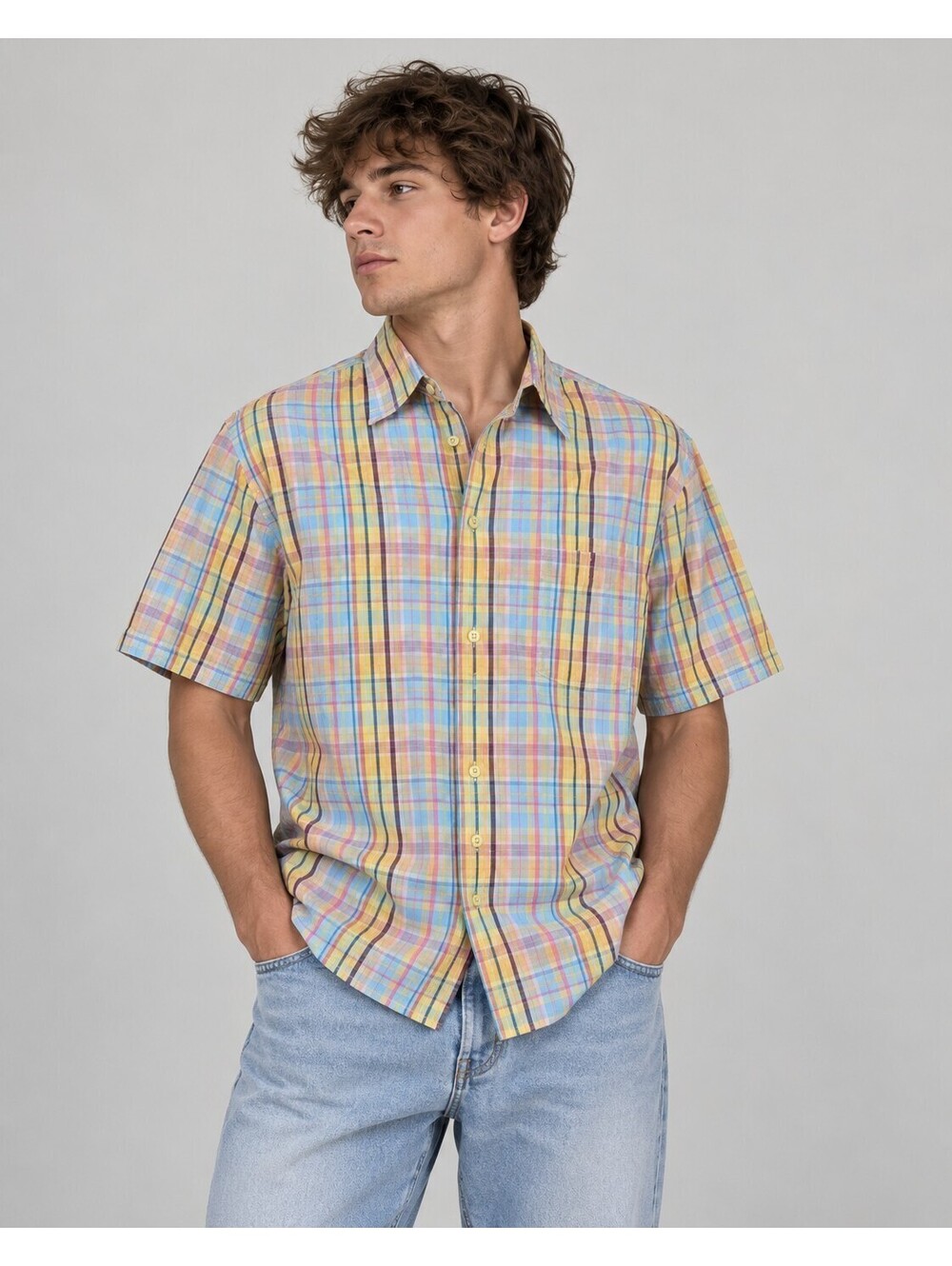 Haupt Men’s Pastel Plaid Short Sleeve Button-Up Shirt Y2K Preppy Indie